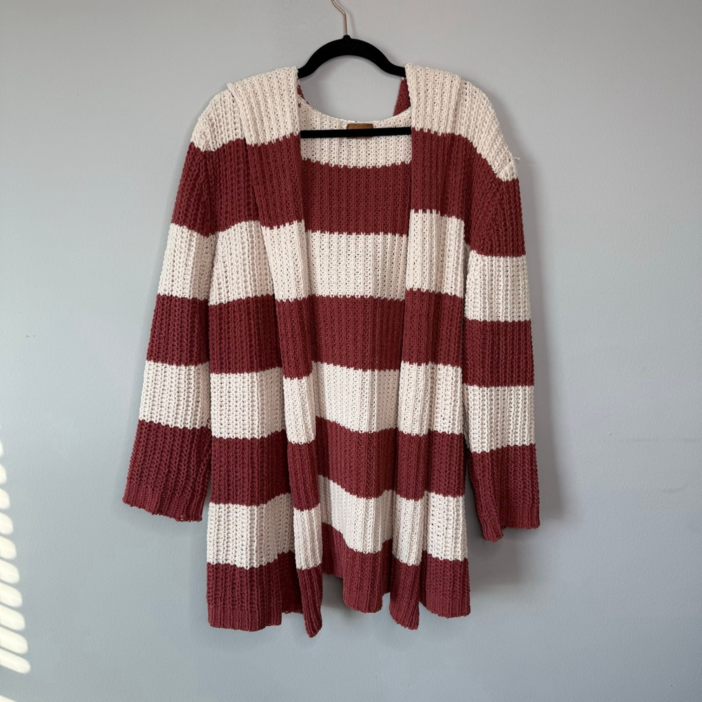 POL Chunky Knit Orange Cream Striped Oversized Hooded Cardigan Sweater Sz Medium